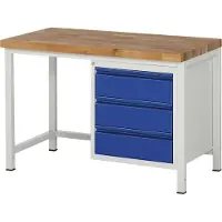 RAU Werktisch, Werkbank, Buche-Massiv-Platte 40mm, höhenverstellbar 840 - 1.040 mm, Tiefe 700 mm, 3 Schubladen, Breite 1.250 mm