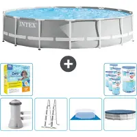 Intex Round Prism Frame Swimming Pool – 457 x 107 cm – Grau – inklusive Pumpe – Leiter – Bodenplane – Abdeckung Wartungspaket - Filter