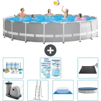 Intex Round Prism Frame Swimming Pool – 610 x 132 cm – Grau – inklusive Pumpe – Leiter – Bodenplane – Abdeckung Wartungspaket - Filter - Solarmatte
