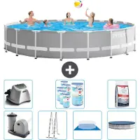 Intex Round Prism Frame Swimming Pool – 610 x 132 cm – Grau – inklusive Pumpe – Leiter – Bodenplane – Abdeckung Salzwassersystem - Filter - Poolsalz