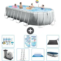Intex Oval Prism Frame Swimmingpool – 610 x 305 x 122 cm – Grau – inklusive Pumpe – Leiter – Bodenplane – Abdeckung Wartungspaket - Filter - Solarmatte