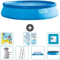 Intex runder aufblasbarer Easy Set-Schwimmpool – 457 x 107 cm – Blau – inklusive Pumpe – Leiter – Bodenplane – Abdeckung Wartungspaket - Filter - Bodenfliesen