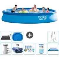 Intex runder aufblasbarer Easy Set-Schwimmpool – 457 x 84 cm – Blau – inklusive Pumpe Sonnensegel - Wartungspaket - Filter - Bodenplane - Solarmatte - Leiter