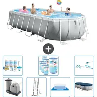 Intex Oval Prism Frame Swimmingpool – 610 x 305 x 122 cm – Grau – inklusive Pumpe – Leiter – Bodenplane – Abdeckung Wartungspaket - Filter - Reinigungskit