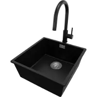 PrimaGran Granitspüle Schwarz 46x47cm, Spülbecken 1 Becken + Küchenarmatur 40x20cm + Ablauf-Set, Küchenspüle ab 50er Unterschrank - London Slim