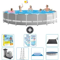 Intex Round Prism Frame Swimming Pool – 548 x 122 cm – Grau – inklusive Pumpe – Leiter – Bodenplane – Abdeckung Wartungspaket - Filter - Solarmatte