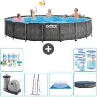 Intex Round Prism Frame Greywood-Schwimmbecken – 549 x 122 cm – inklusive Pumpe – Leiter – Bodenplane – Abdeckung Wartungspaket - Filter