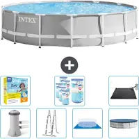 Intex Round Prism Frame Swimming Pool – 427 x 107 cm – Grau – inklusive Pumpe – Leiter – Bodenplane – Abdeckung Wartungspaket - Filter - Solarmatte