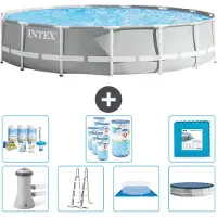 Intex Round Prism Frame Swimming Pool – 457 x 107 cm – Grau – inklusive Pumpe – Leiter – Bodenplane – Abdeckung Wartungspaket - Filter - Bodenfliesen