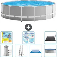 Intex Round Prism Frame Swimming Pool – 457 x 122 cm – Grau – inklusive Pumpe – Leiter – Bodenplane – Abdeckung Wartungspaket - Filter - Solarmatte