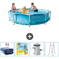 Intex -Schwimmbecken mit rundem Rahmen – 305 x 76 cm – Wasserdruck – im Lieferumfang enthalten Sonnensegel - Wartungspaket - Filterpumpe für Schwimmbad - Leiter