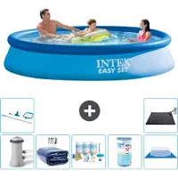 Intex runder aufblasbarer Easy Set-Schwimmpool – 366 x 76 cm – Blau – inklusive Pumpe Sonnensegel - Wartungspaket - Filter - Bodenplane - Reinigungskit - Solarmatte