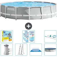 Intex Round Prism Frame Swimming Pool – 457 x 107 cm – Grau – inklusive Pumpe – Leiter – Bodenplane – Abdeckung Wartungspaket - Filter - Reinigungskit