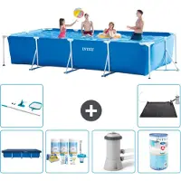 OEM Rechteckiges Schwimmbecken - 450 x 220 x 84 cm - Blauw - Mit Abdeckvorhang - Wartungspaket - Schwimmbeckenpumpe - Filter - Reinigungssatz - Solar Matte