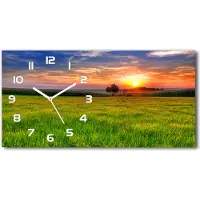 Tulup Wanduhr aus Glas – 60x30 cm - Glasbild - Glasuhr - Gehärtetes Glas - weisse-zeiger - Sunset Wiese