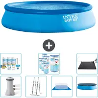 Intex runder aufblasbarer Easy Set-Schwimmpool – 457 x 107 cm – Blau – inklusive Pumpe – Leiter – Bodenplane – Abdeckung Wartungspaket - Filter - Solarmatte