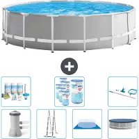 Intex Round Prism Frame Swimming Pool – 457 x 122 cm – Grau – inklusive Pumpe – Leiter – Bodenplane – Abdeckung Wartungspaket - Filter - Reinigungskit