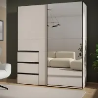 Forte WINN 2 moderner Kleiderschrank 170, Schwebetürenschrank mit Spiegel, 2-türig, 3 Schubladen, Holzwerkstoff, Kaschmir|Beige, 170,3 cm breit x 200,5 cm hoch x 61,2 cm tief