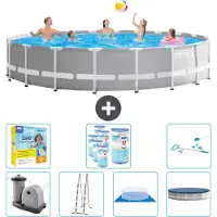 Intex Round Prism Frame Swimming Pool – 610 x 132 cm – Grau – inklusive Pumpe – Leiter – Bodenplane – Abdeckung Wartungspaket - Filter - Reinigungskit