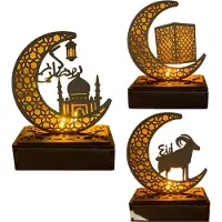 Aibecy 3 Stück Ramadan Laterne LED Holz Mond Sterne Lichtdekoration Ramadan Eid Mubarak Home Decor Craft Ramadan Dekoration Typ1+Typ4+Typ5