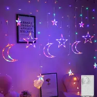 Lapamax Lichtervorhang Stern Mond Lichterkettenvorhang 3M 124LED 8Modi Stimmungslichter Weihnachtsbeleuchtung für Fenster Ramadan Eid Mubarak Dekorative Lampe