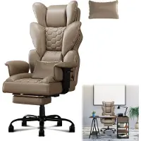 TWOLIIN Chefsessel Ergonomisch Kunstleder Bürostuhl mit Fußstütze, Extra Dickem Sitzkissen & Verstellbaren Armlehnen, Höhenverstellbar 126-136cm, Drehstuhl für Büro, Gaming, Schreibtisch und PC, Braun