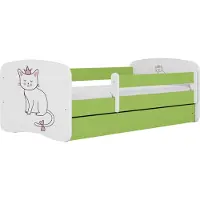WFL GROUP Kinderbett Grün 70x140 80x160 80x180 cm – mit Matratze, Rausfallschutz und Schublade – Jugendbett für Mädchen und Jungen – Stabil und Sicher – Katze – 140x70 cm