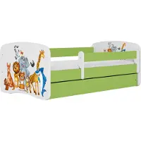 WFL GROUP Kinderbett Grün 70x140 80x160 80x180 cm – mit Matratze, Rausfallschutz und Schublade – Jugendbett für Mädchen und Jungen – Stabil und Sicher – Safari-Tiere – 140x70 cm