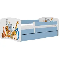 WFL GROUP Kinderbett Blau 70x140 80x160 80x180 cm – mit Matratze, Rausfallschutz und Schublade – Jugendbett für Jungen – Stabil und Sicher – Safari-Tiere – 160x80 cm