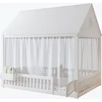 Xdovet Einzelbett,140x200cm Kinderbett, Filigrane Fenster- und Dachdetails, Mit dekorativen Vorhängeschirmen+1 kleinen Stauraumfach, Kiefer + MDF+Sperrholz
