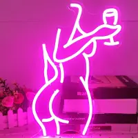 Lapamax 40x29cm Dimmbare Dame mit Wein Neon Zeichen Nachtlicht USB Powered für Bar Party Badezimmer Wanddekoration