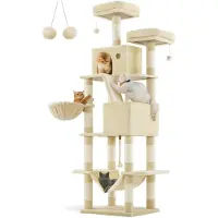 StarTech.com Kratzbaum Kletterbaum - XXL Katzenbaum - 206 cm Hoch - 13 Sisalstämme - 2 Plattformen - 2 Höhlen - Korb-Hängematte - Plüschbälle - Beige