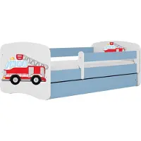 WFL GROUP Kinderbett Blau 70x140 80x160 80x180 cm – mit Matratze, Rausfallschutz und Schublade – Jugendbett für Jungen – Stabil und Sicher – Feuerwehrauto – 140x70 cm