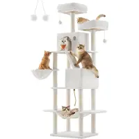 StarTech.com Kratzbaum - Kletterbaum für Katzen - 206 cm Hoch - XXL - 13 Kratzsäulen - 2 Plattformen - 2 Höhlen - Hängemulde - Cremeweiß
