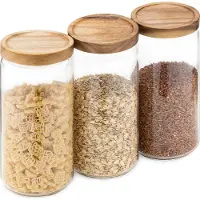 Navaris Vorratsgläser Set mit Akaziendeckel - 3x Glas Aufbewahrung Vorratsdosen mit Deckel - 950ml Lebensmittel Behälter - für Müsli Nudeln Reis