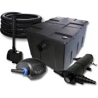 SunSun Komplettset: CBF-550 Teichfilter bis 60000L Teichfilteranlage Durchlauffilter, CTF-6000 Teichpumpe 6000l/h 40W, CUV-218 Teichklärer 18W, 25m Teichschlauch 25 mm, HJ-943 Springbrunnen 800l/h 16W