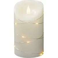 Konstsmide LED Echtwachskerze, cremeweiß, mit 3D Flamme und silberfarbenem Draht umwickelt, 4h und 8h Timer, 1 bernsteinfarbene Diode / 12 LED Tropfen,