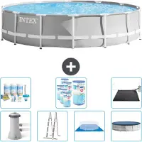 Intex Round Prism Frame Swimming Pool – 427 x 107 cm – Grau – inklusive Pumpe – Leiter – Bodenplane – Abdeckung Wartungspaket - Filter - Solarmatte