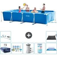 Intex -Schwimmbecken mit rechteckigem Rahmen – 450 x 220 x 84 cm – Blau – im Lieferumfang enthalten Sonnensegel - Wartungspaket - Filterpumpe für Schwimmbad - Filter - Bodenplane - Staubsauger