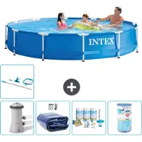 Intex Rundrahmen-Schwimmbecken – 366 x 76 cm – Blau – inklusive Pumpe Sonnensegel - Wartungspaket - Filter - Reinigungskit