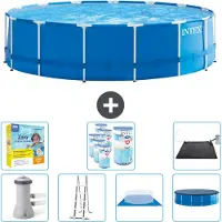 Intex Rundrahmen-Schwimmbecken – 457 x 122 cm – Blau – inklusive Pumpe – Leiter – Bodenplane – Abdeckung Wartungspaket - Filter - Solarmatte