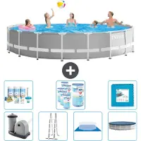 Intex Round Prism Frame Swimming Pool – 548 x 122 cm – Grau – inklusive Pumpe – Leiter – Bodenplane – Abdeckung Wartungspaket - Filter - Bodenfliesen