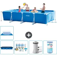 OEM Rechteckiges Schwimmbad - 450 x 220 x 84 cm - Blauw - inklusive Abdeckvorhang - Pflegepaket - Schwimmbadfilterpumpe - Filter - Bodenvorhang