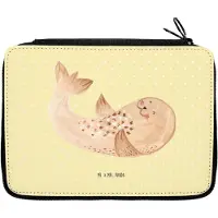 Mr. & Mrs. Panda Etui Robbe Liegen - Gelb Pastell - Geschenk, Robben, Federmäppchen, Seehund, für Stifte, Federtasche, Bleistiftetui, Lustige Sprüche, Strand, Nordsee