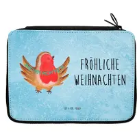 Mr. & Mrs. Panda Federtasche Rotkehlchen Weihnachten - Eisblau - Geschenk, Frohe, Winter, Vogel, Heiligabend, Mäppchen, Federmäppchen, Etui für Stifte, Weihnachtsgruß