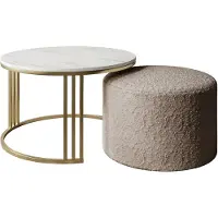 Lookway Couchtisch mit Hocker LORI MAT gebürstetes Gold/Marmor Levanto, Coral 50