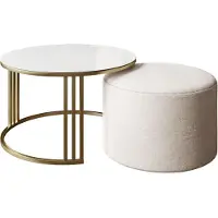 Lookway Couchtisch mit Hocker LORI GLASS gebürstetes Gold/weißes Glas, Perfect Harmony 01