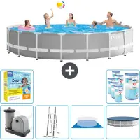 Intex Round Prism Frame Swimming Pool – 548 x 122 cm – Grau – inklusive Pumpe – Leiter – Bodenplane – Abdeckung Wartungspaket - Filter