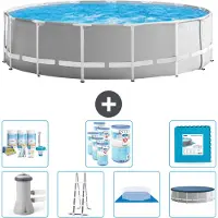 Intex Round Prism Frame Swimming Pool – 457 x 122 cm – Grau – inklusive Pumpe – Leiter – Bodenplane – Abdeckung Wartungspaket - Filter - Bodenfliesen