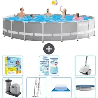Intex Round Prism Frame Swimming Pool – 610 x 132 cm – Grau – inklusive Pumpe – Leiter – Bodenplane – Abdeckung Wartungspaket - Filter - Staubsauger